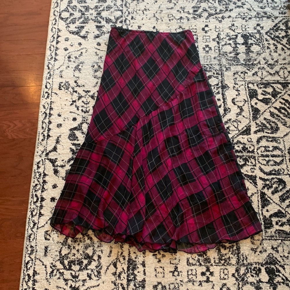 Pink and black plaid midi skirt
